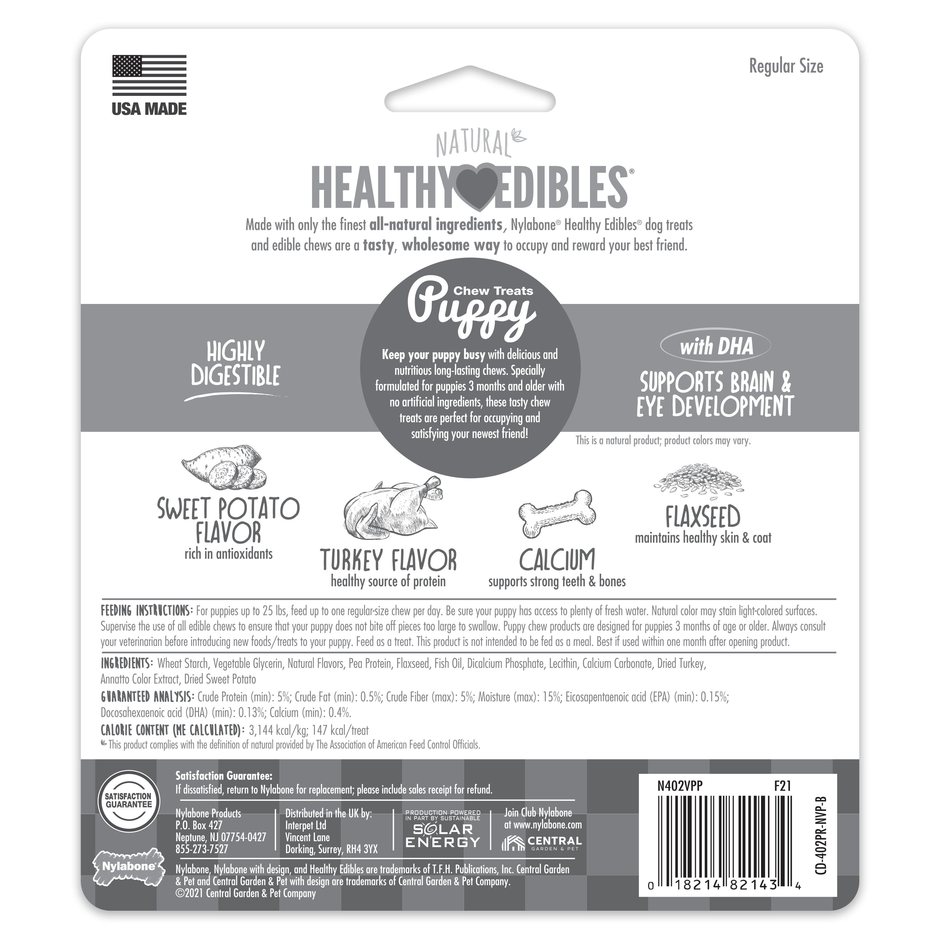 Nylabone Healthy Edibles AllNatural Long Lasting Puppy Chew Treats Turkey  Sweet Potato, 1ea/SMall/Regular  Up To 25 Ibs. 3 ct