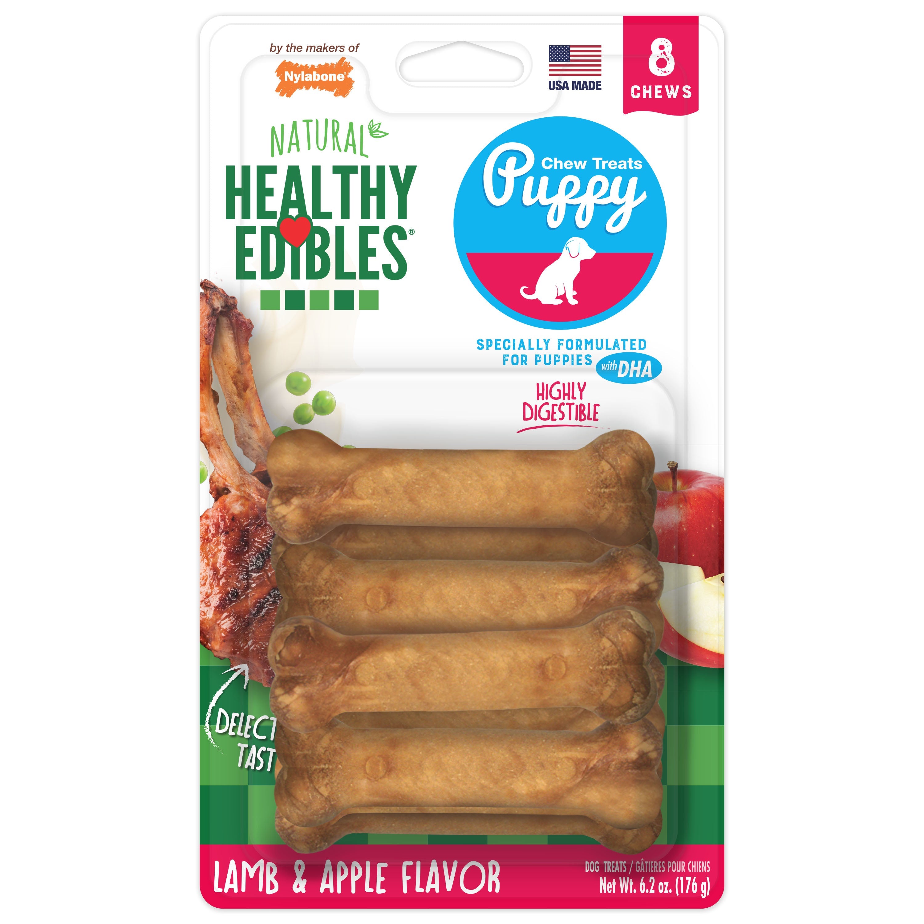 Nylabone Healthy Edibles AllNatural Long Lasting Puppy Chew Treats Lamb  Apple, 1ea/XS/Petite  Up To 15 Lbs. 8 ct