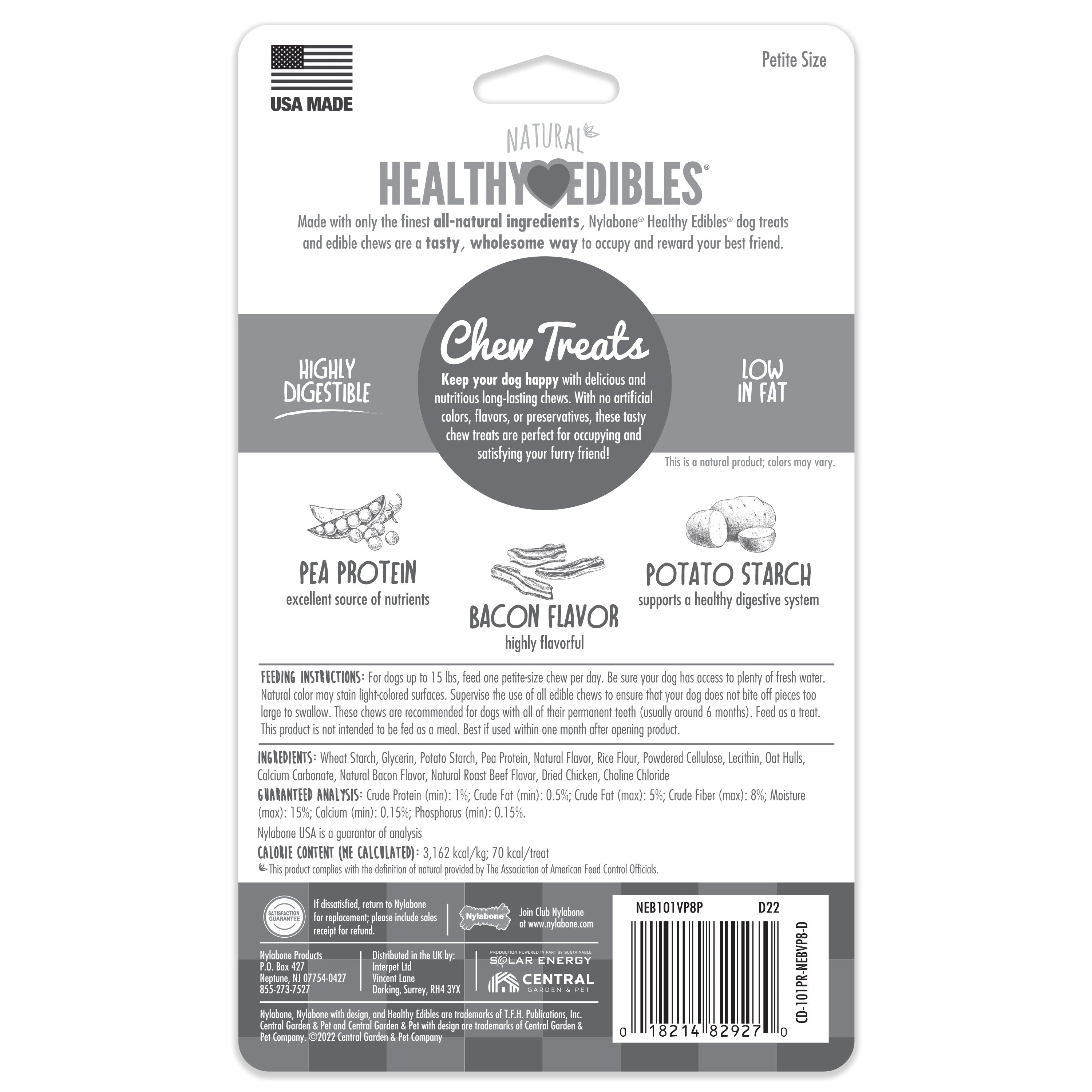 Nylabone Healthy Edibles AllNatural Long Lasting Chew Treats Bacon, 1ea/XS/Petite  Up To 15 Lbs. 8 ct