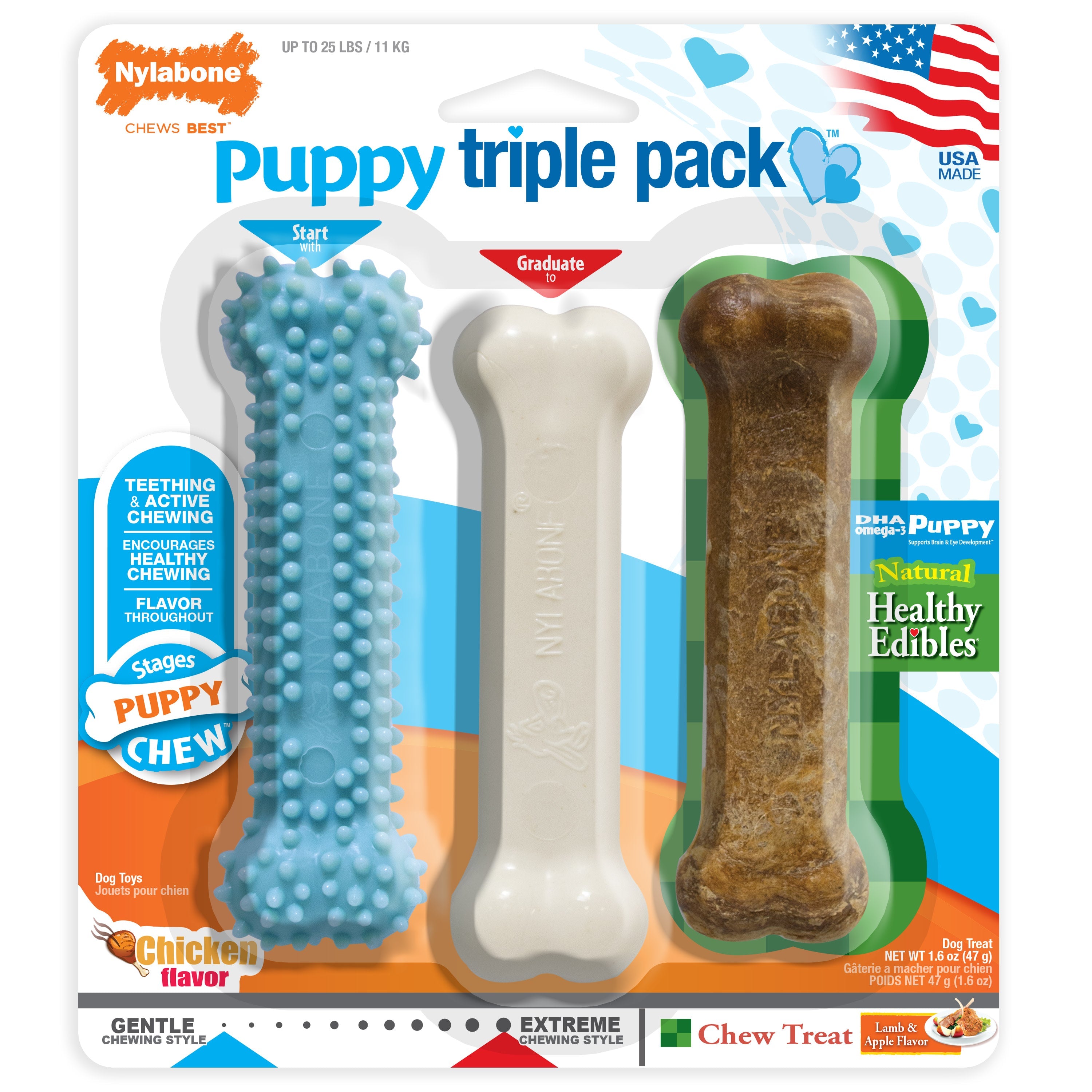 Nylabone Puppy Chew Variety Toy  Treat Triple Pack 3 count, 1ea/SMall/Regular  Up To 25 Ibs.