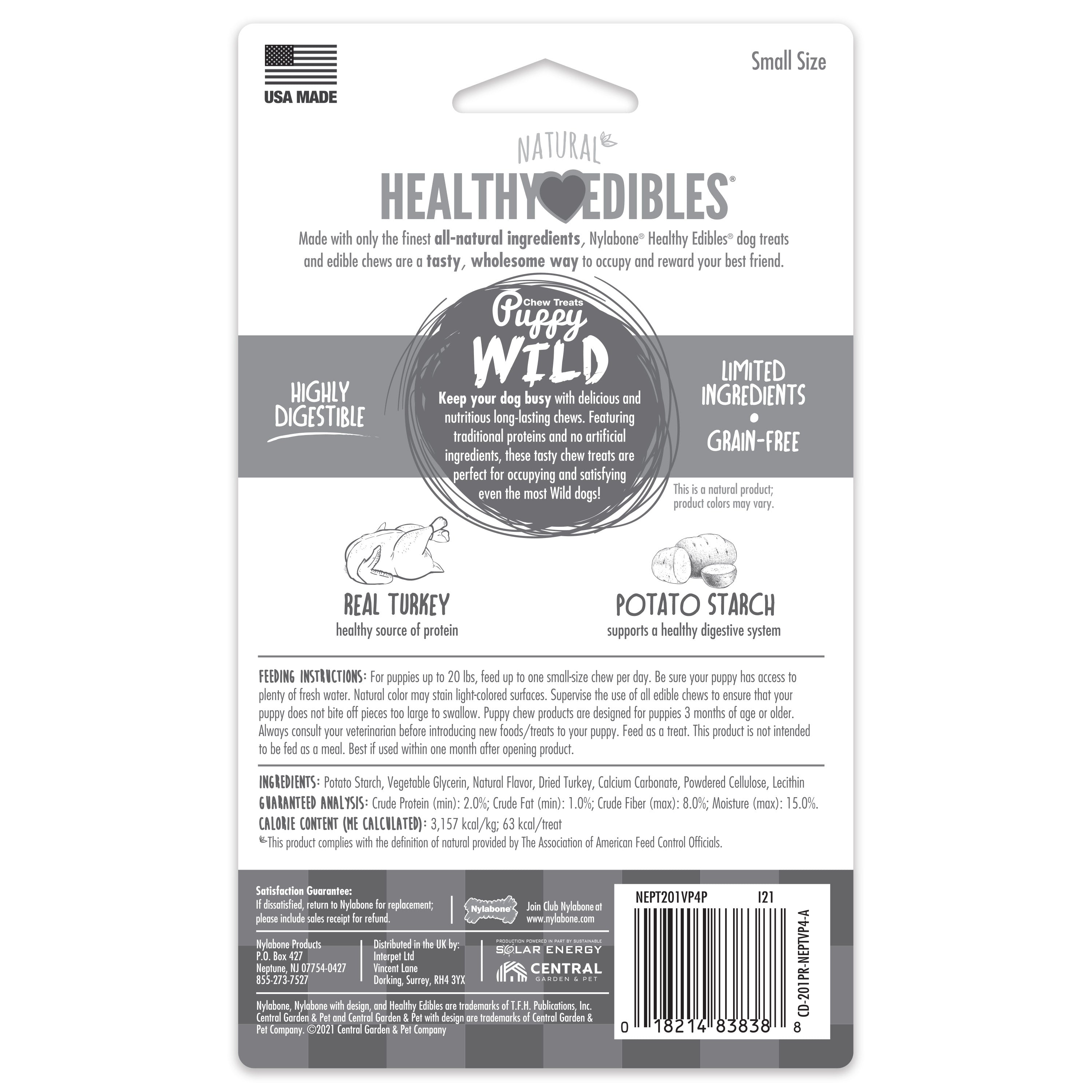 Nylabone Healthy Edibles WILD AllNatural Long Lasting Puppy Chew Treats Turkey, 1ea/SMall/Regular  Up To 25 Ibs. 4 ct