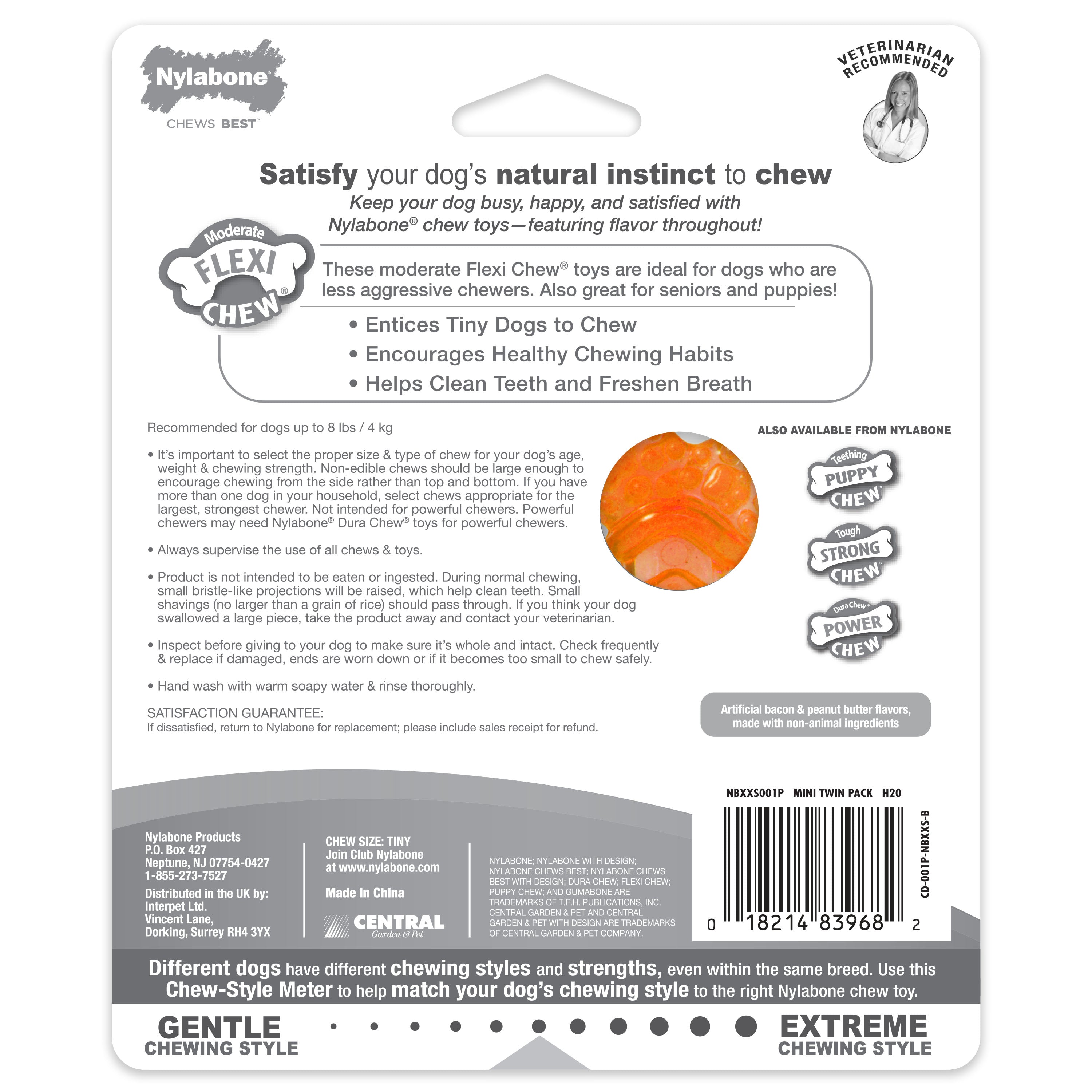 Nylabone Moderate Chew FlexiChew Bone Peanut Butter  Bacon, Orange  Blue, 1ea/XXS/Tiny  Up To 8 Lbs. 2 ct