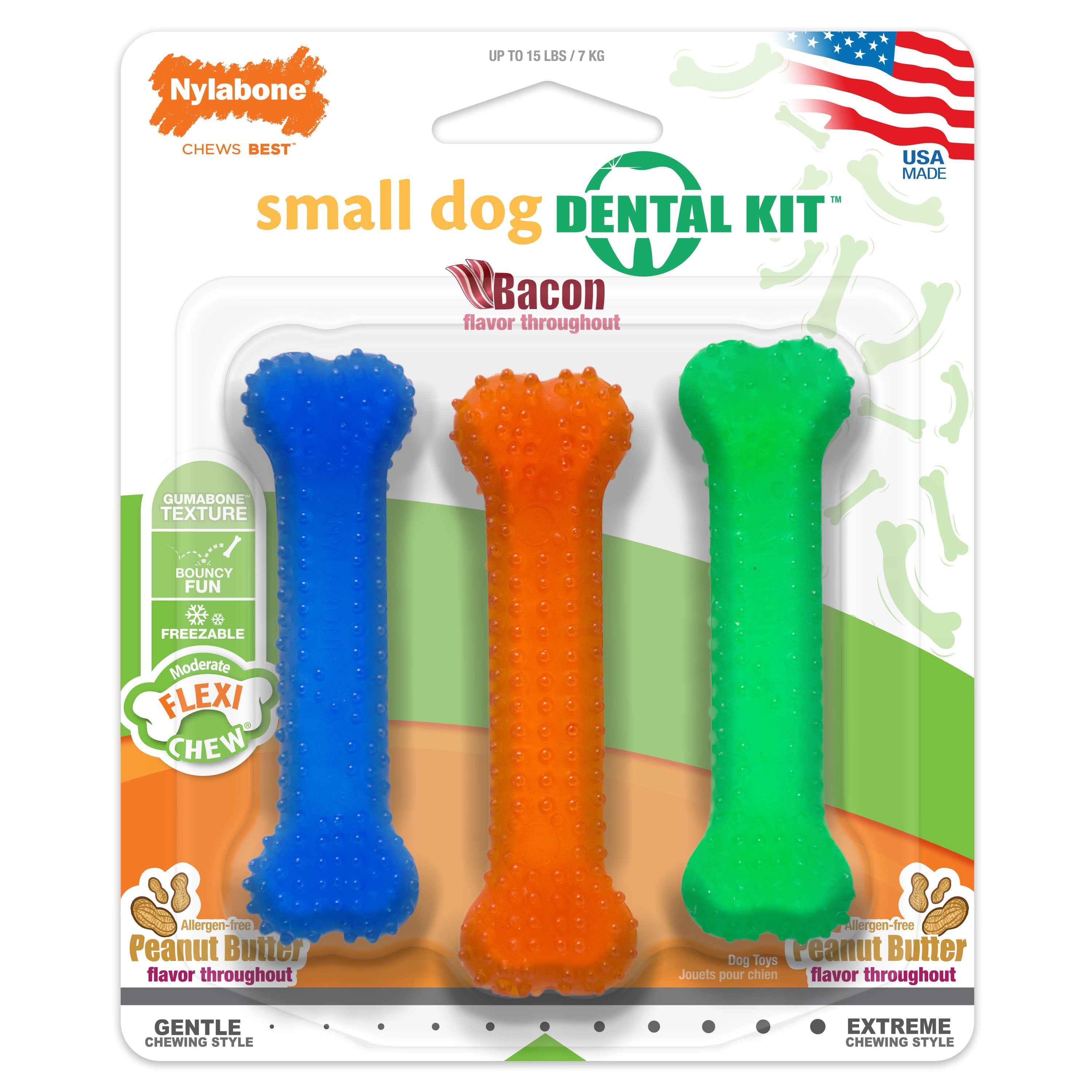 Nylabone FlexiChew Dog Dental Pack Peanut Butter  Bacon, 1ea/XS/Petite  Up To 15 Lbs. 3 ct