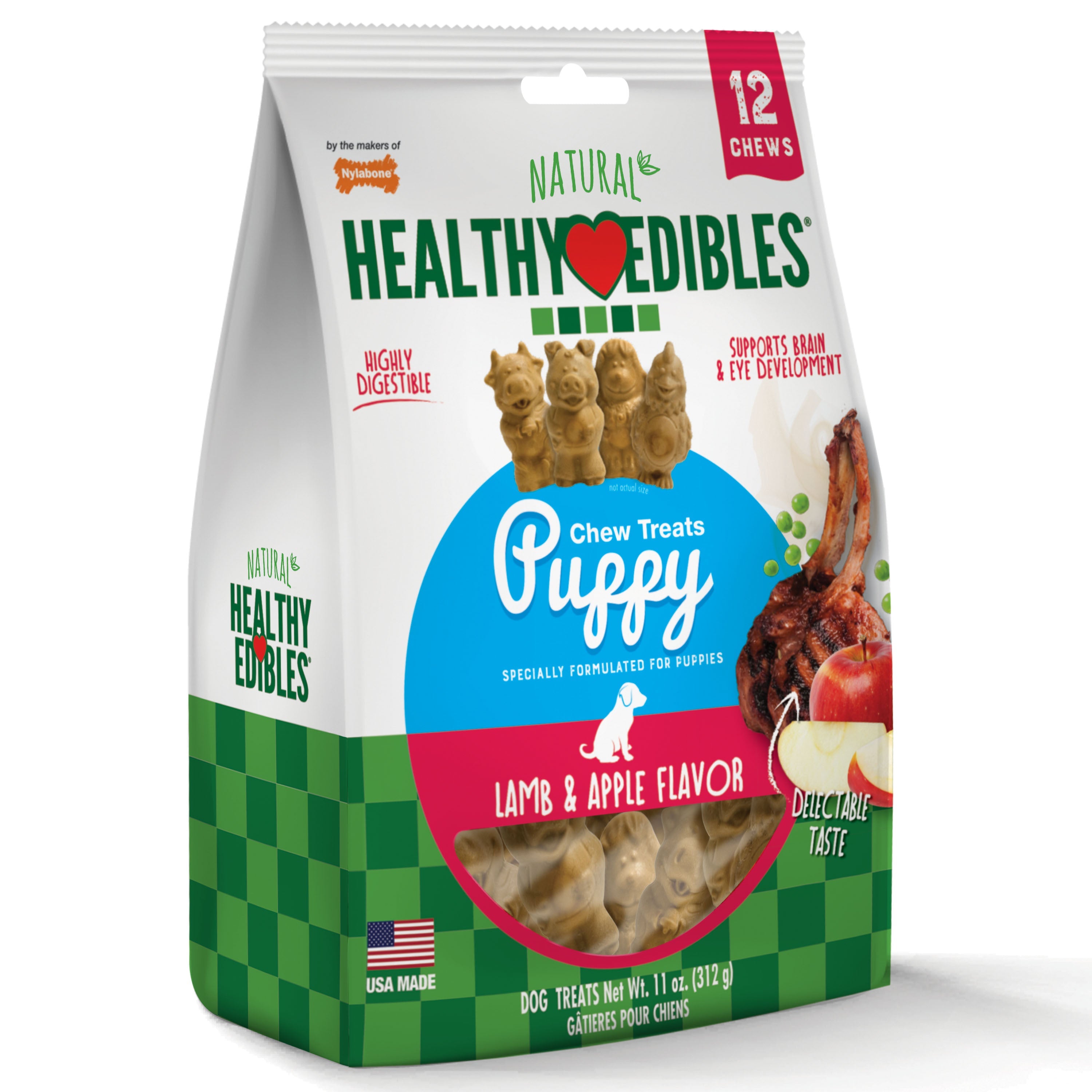 Nylabone Healthy Edibles AllNatural Long Lasting Puppy Chew Treats Lamb  Apple, 1ea/SMall/Regular  Up To 25 Ibs. 12 ct