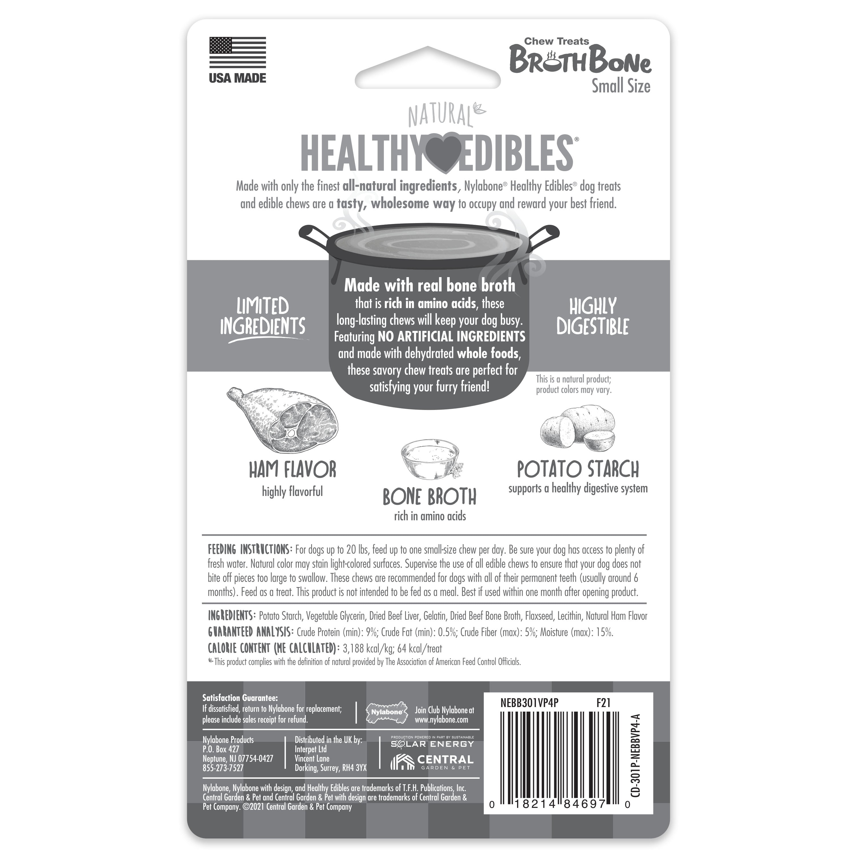 Nylabone Healthy Edibles Broth Bone AllNatural Long Lasting Chew Treats Ham, 1ea/SMall/Regular  Up To 25 Ibs. 4 ct
