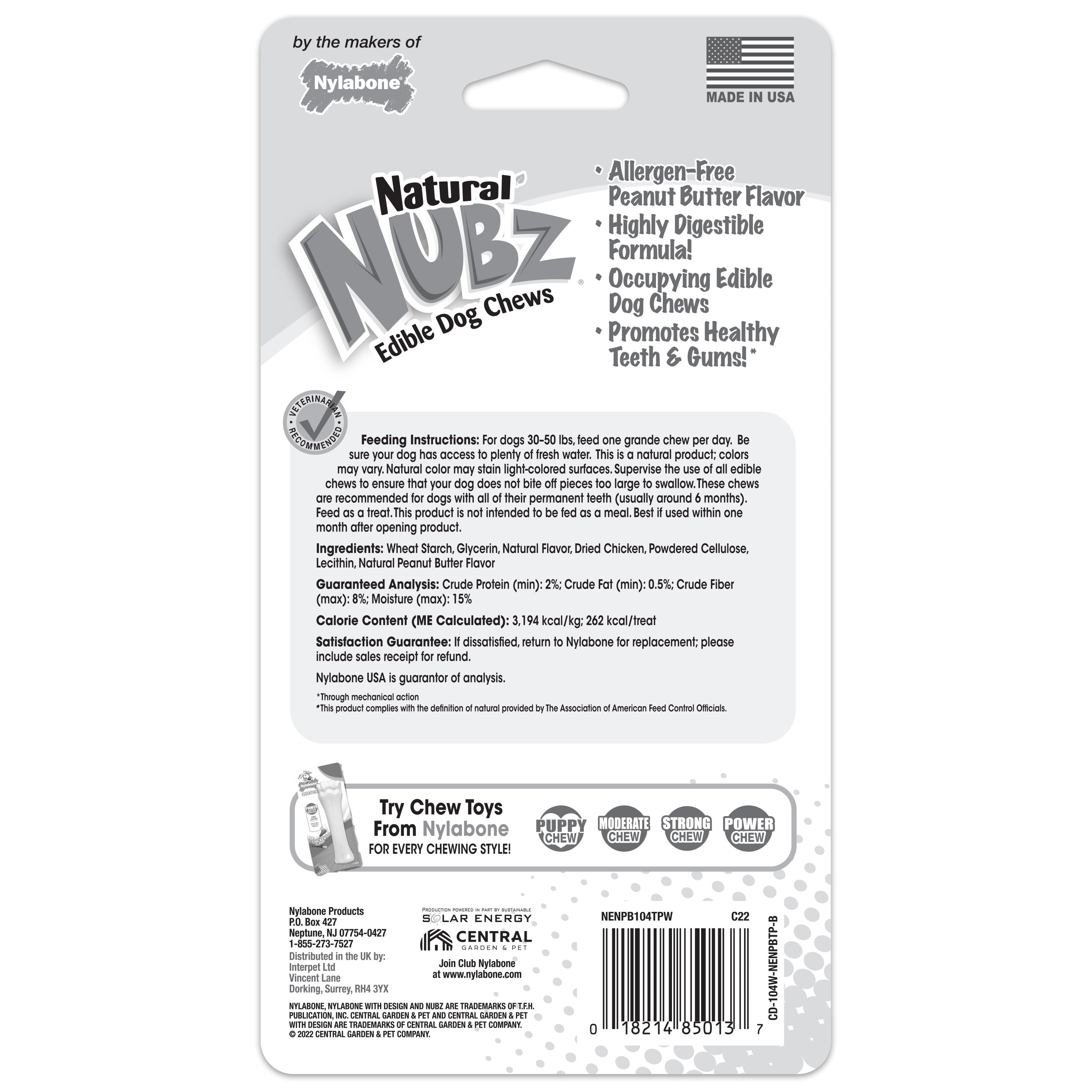 Nylabone Natural Nubz Dog Treats, AllergenFree Peanut Butter Peanut Butter, 1ea/Jumbo  Up To 50 Lbs. 2 ct