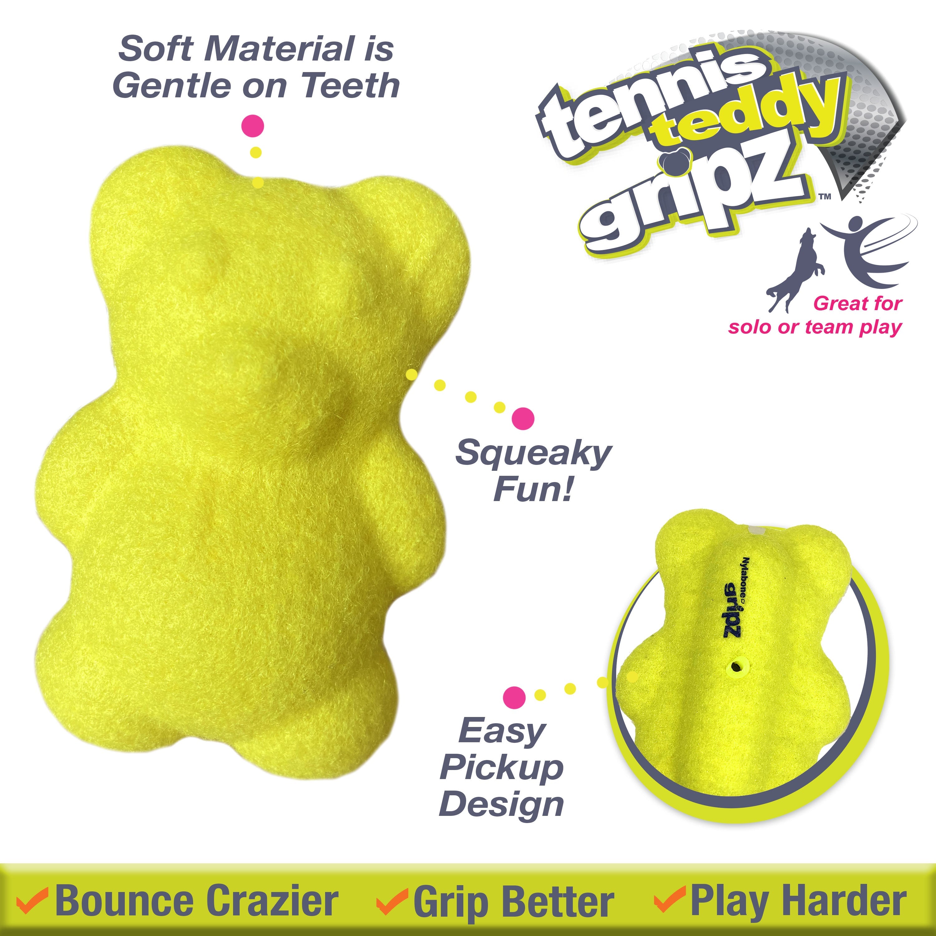 Nylabone Power Play Tennis Teddy Gripz Bear Dog Toy Medium/Wolf - Up To 35 Lbs. (1 ct)