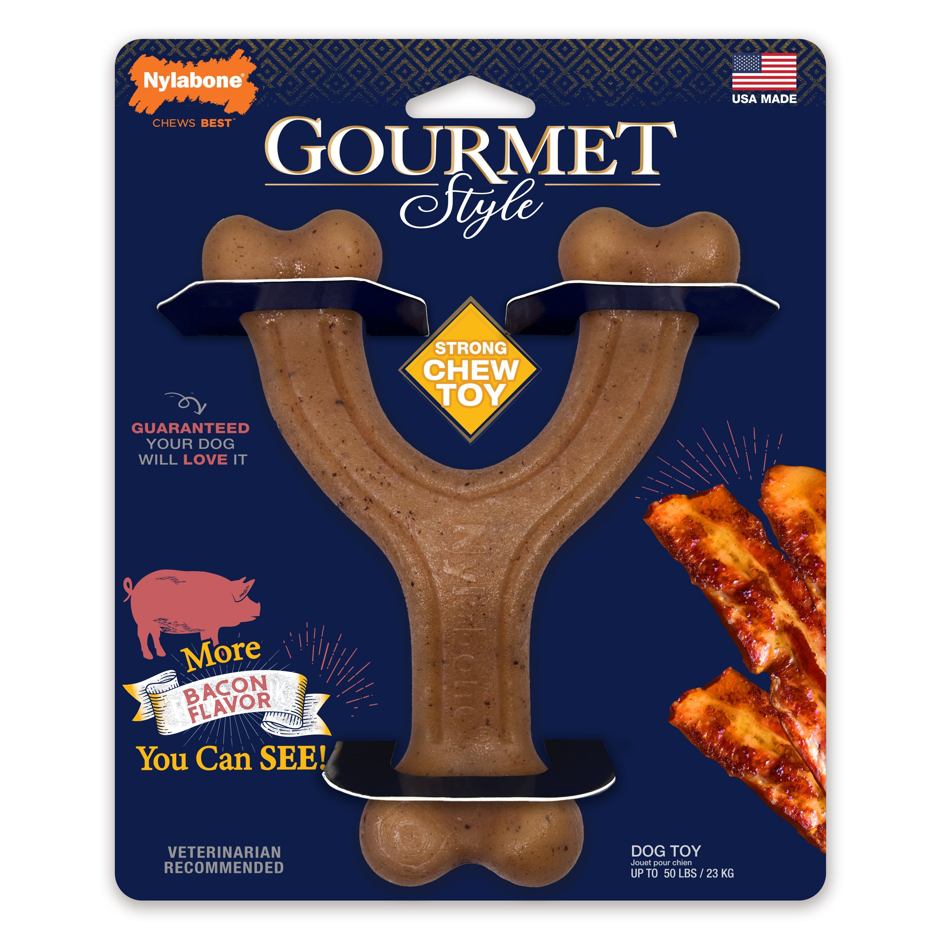Nylabone Gourmet Style Strong Chew Wishbone Dog Chew Toy Bacon, 1ea/Large/Giant  Up To 50 Lbs. 1 ct