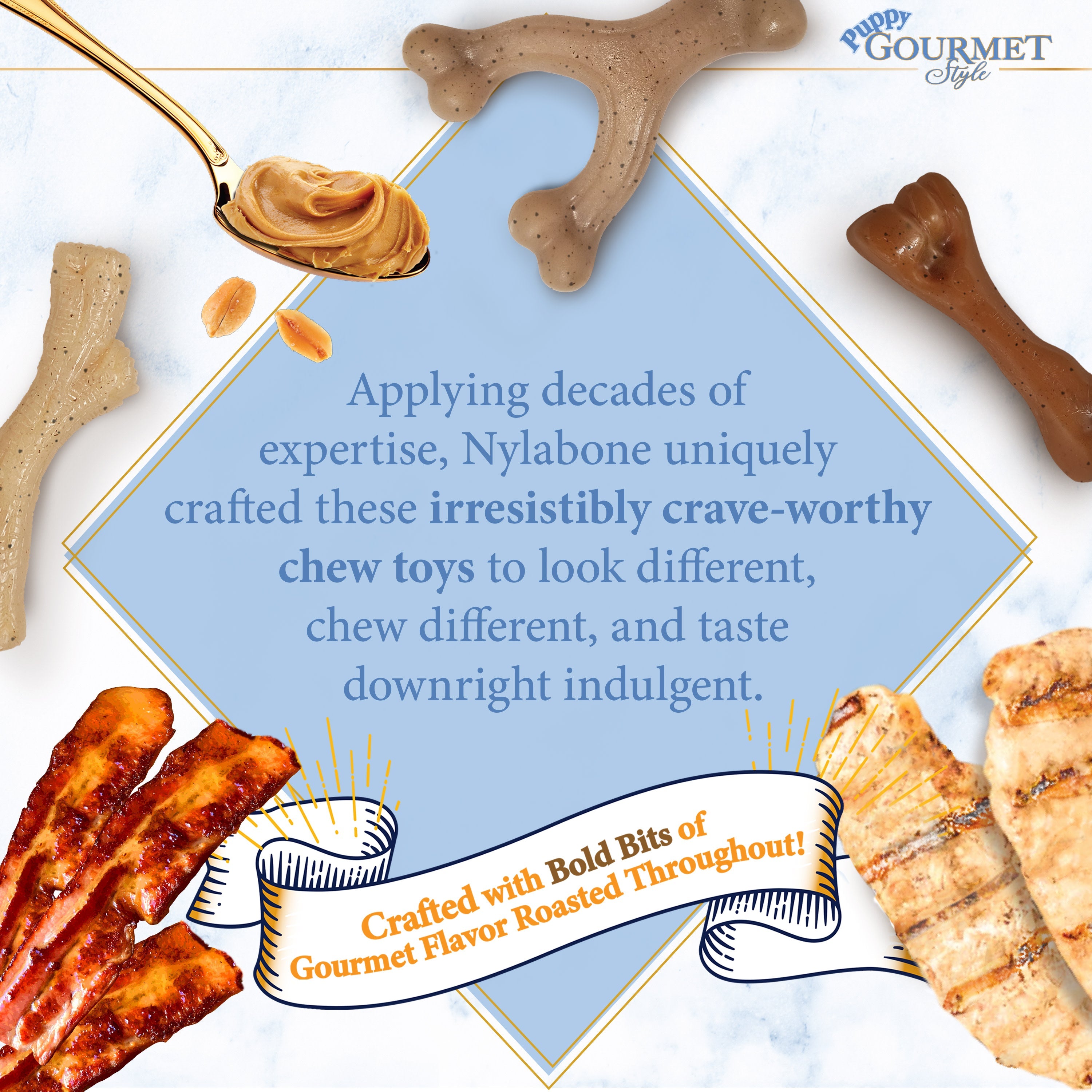 Nylabone Gourmet Style Puppy Chew Toy Twin Pack Peanut Butter  Bacon, 1ea/SMall/Regular  Up To 25 Ibs. 2 ct