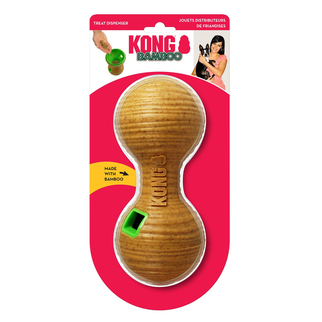 KONG Bamboo Treat Dispenser Dumbbell Dog Toy Tan MD 3.25in