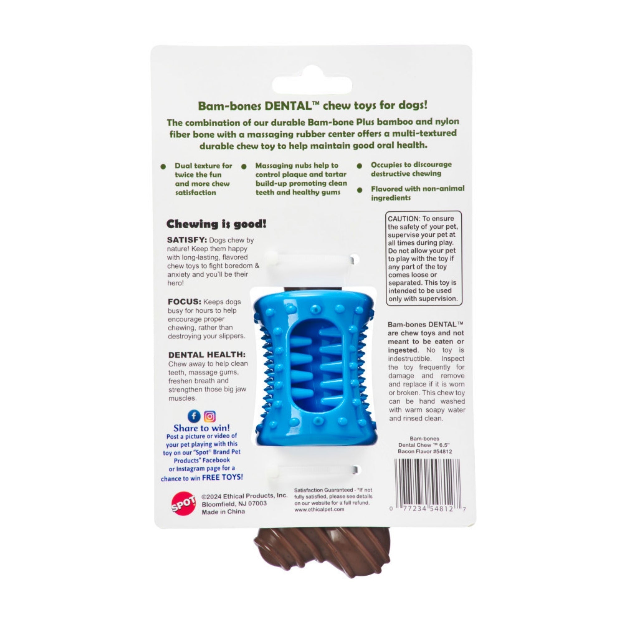 Spot Bambone Plus Dental Chew Dog Toy Bacon, 1ea/6.5 in