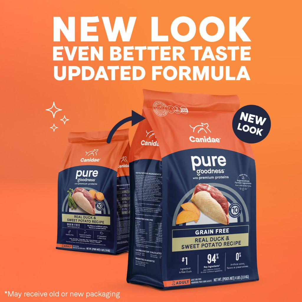 CANIDAE PURE Farm To Bowl GrainFree LID Dry Dog Food Duck  Sweet Potato, 1ea/4 lb