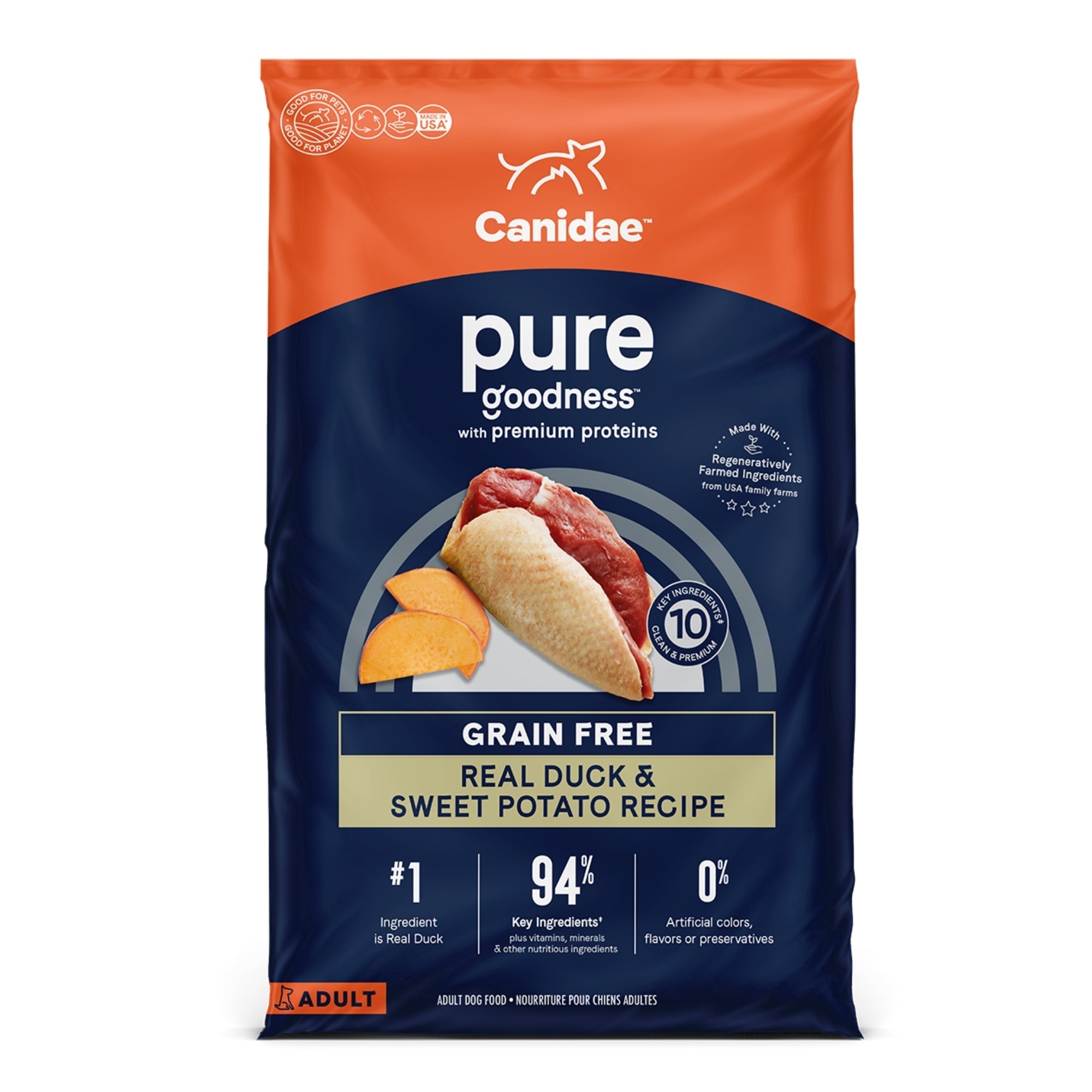 CANIDAE PURE Farm To Bowl GrainFree LID Dry Dog Food Duck  Sweet Potato, 1ea/4 lb