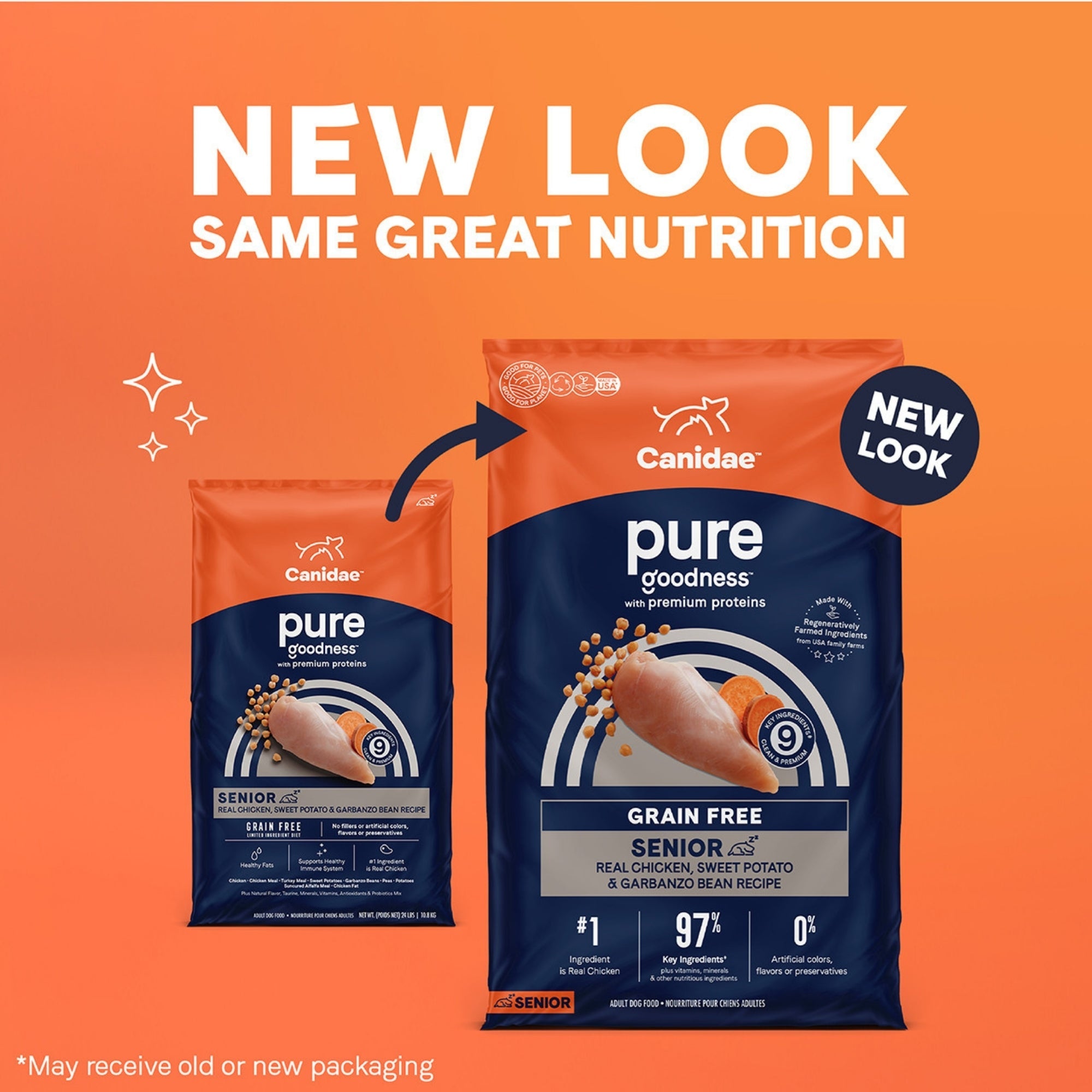 CANIDAE PURE Farm To Bowl GrainFree LID Dry Senior Dog Food Chicken, Sweet Potato  Garbanzo Bean, 1ea/22 lb