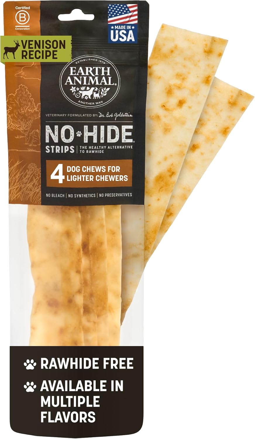 Earth Animal No Hide Strips Natural Rawhide Free Dog Chew Strips Venison - 4 Count