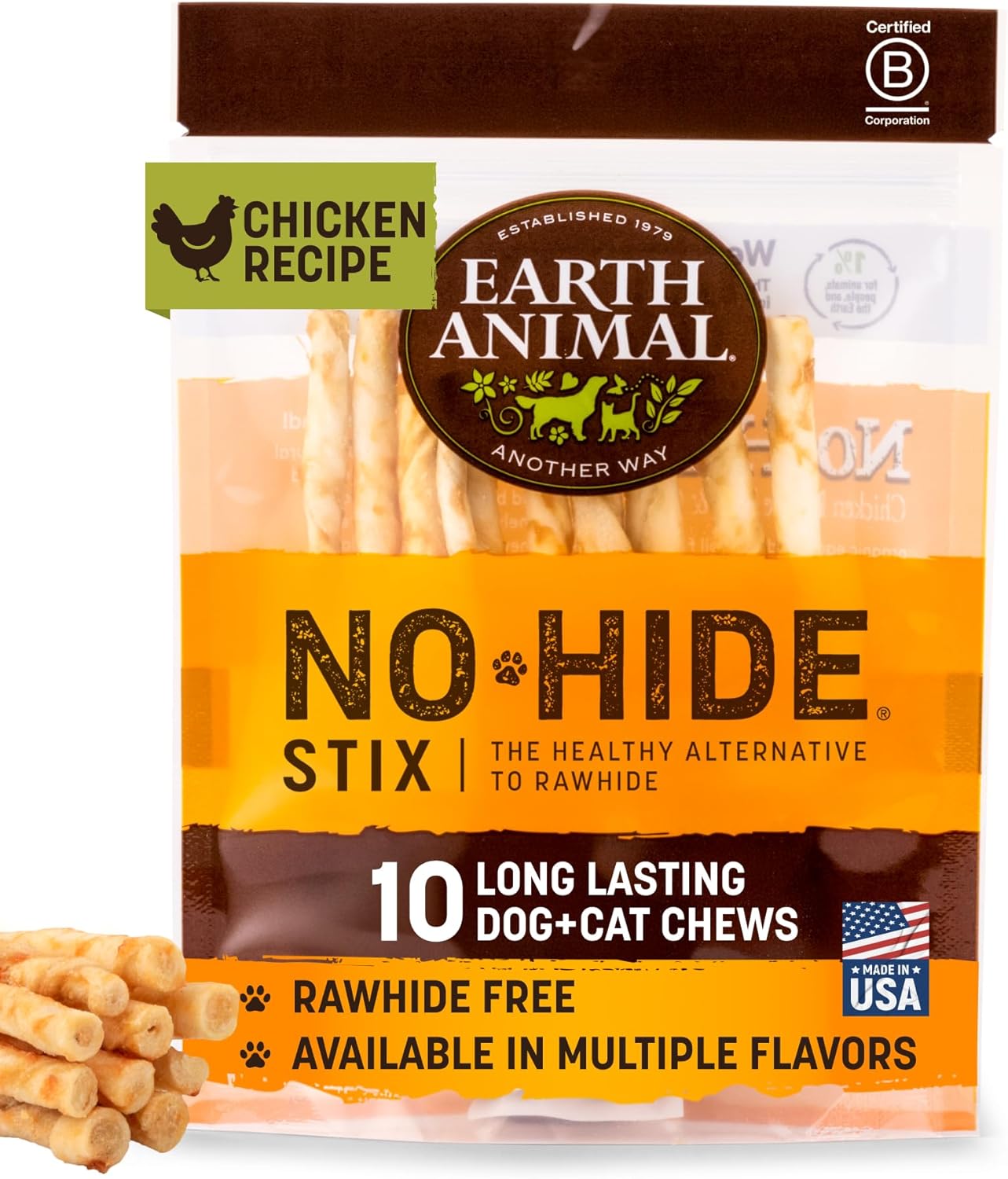 Earth Animal No Hide Stix Long Lasting Rawhide Free Small Dog Chews Sticks Chicken - 10 Count