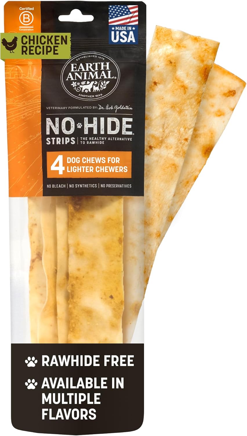Earth Animal No Hide Strips Natural Rawhide Free Dog Chew Strips Chicken - 4 Count