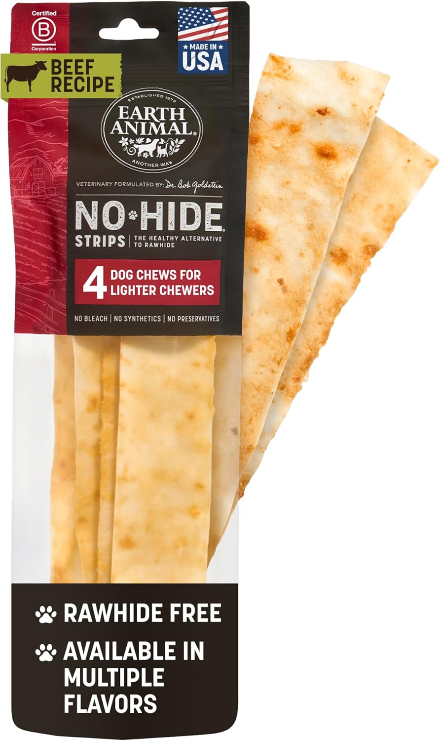 Earth Animal No Hide Strips Natural Rawhide Free Dog Chew Strips Beef - 4 Count