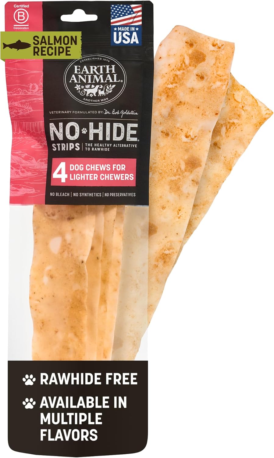 Earth Animal No Hide Strips Natural Rawhide Free Dog Chew Strips Salmon - 4 Count
