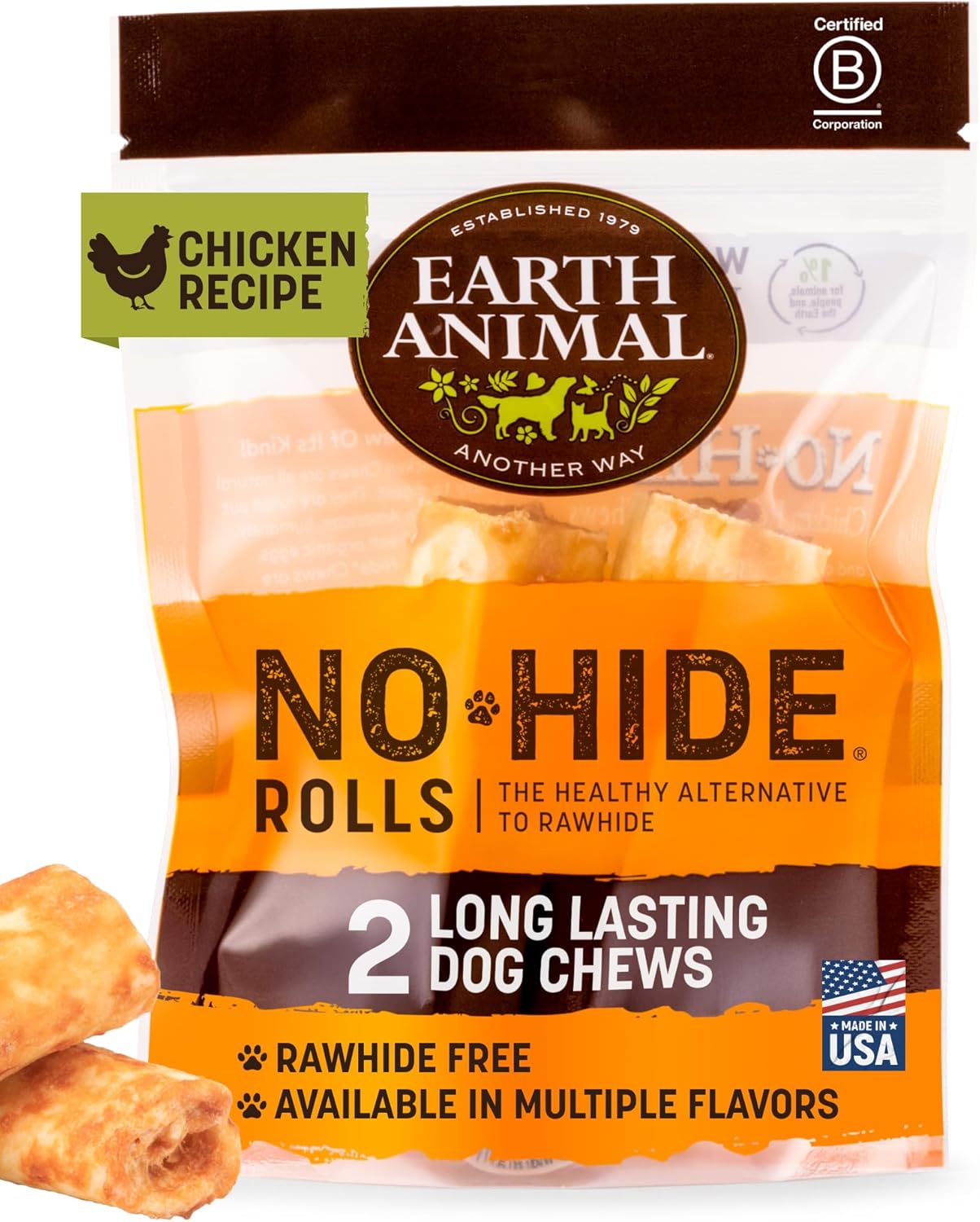 Earth Animal No Hide Chews Long Lasting Rawhide Free Small Dog Chews Rolls Chicken - 2 Count