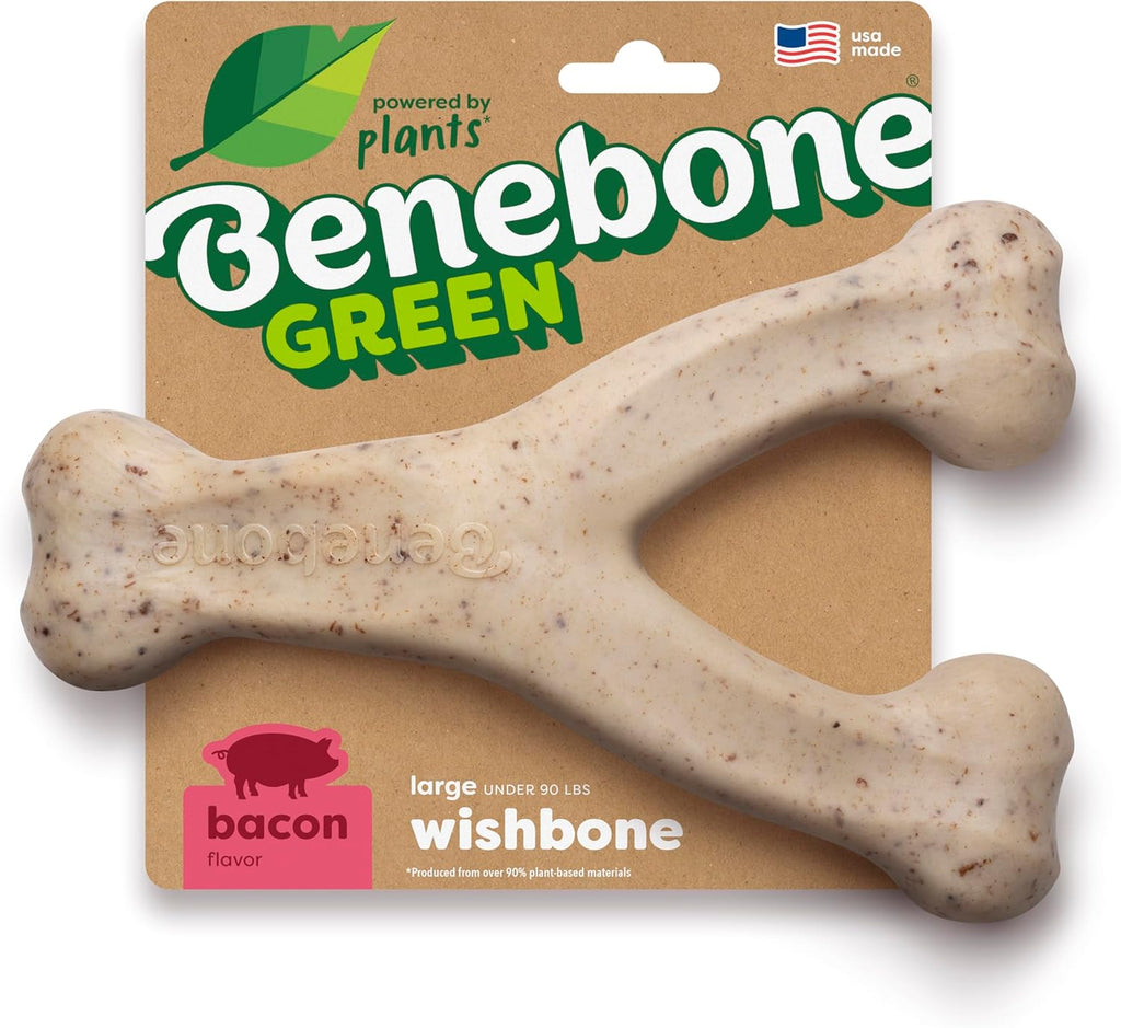 Benebone Green Plant-Based Real Bacon Wishbone Dog Chew Toy for Large Dogs Dog Bones for Moderate Chewers Made in USA