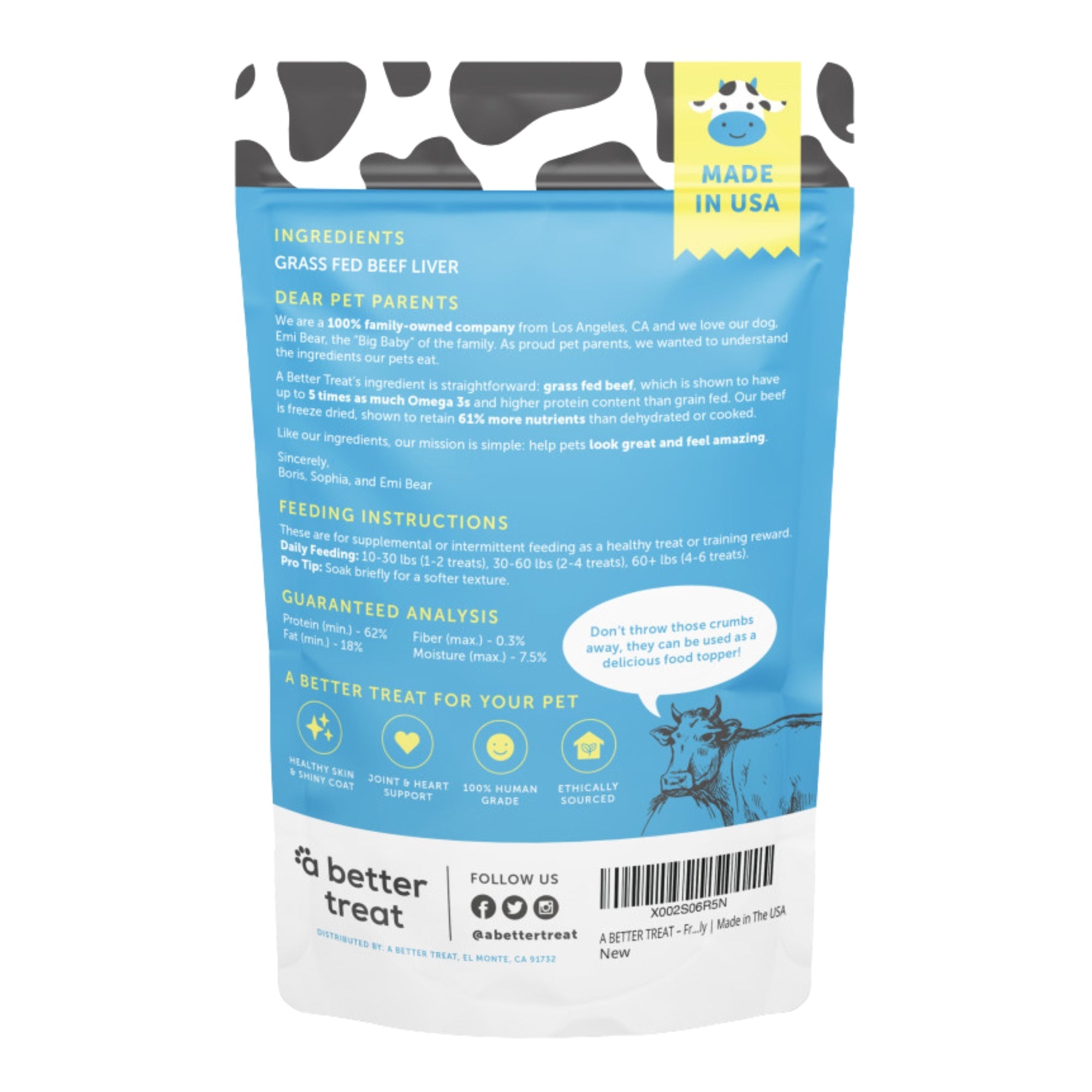 A Better Treat Just One Thing Freeze Dried Dog and Cat Treats Grass Fed Beef Liver 3oz. (Case of 6)  2 case minimum